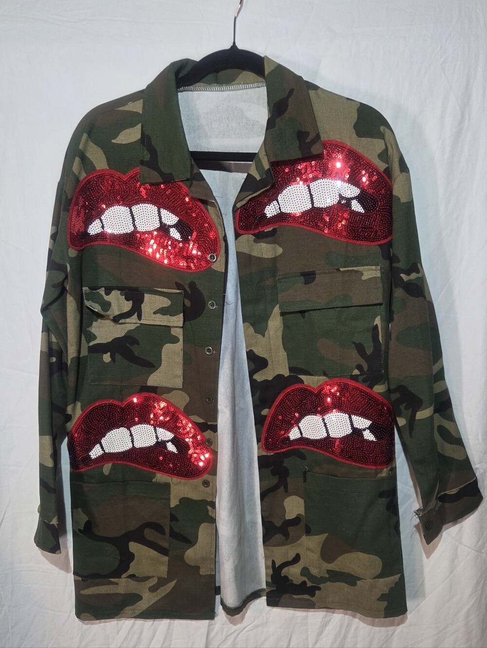 Camo Jacket with Red Sequin Lips - Picture 8 of 10